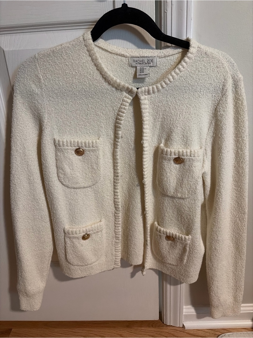 Rachel Zoe Ivory Bouclé Four-Pocket Cardigan with Gold Buttons
